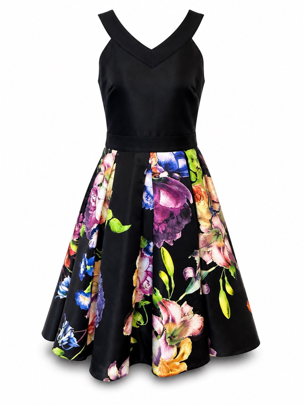 Ted Baker Black Floral Paneled Fit-and-Flare Dress